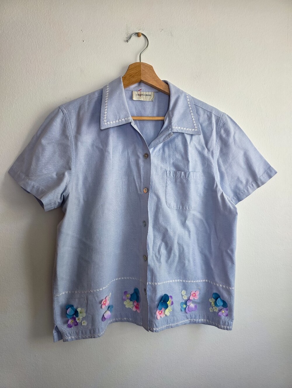 Vintage Lemon Grass 3D Floral Button-Up Cottagecore Top